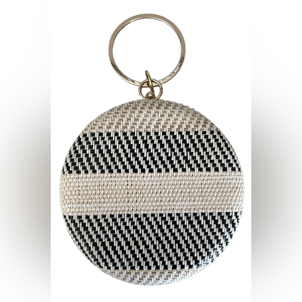 Savanna Cream Black Round Woven Crossbody Satchel Gold Chain Boho Bag Purse - Picture 7 of 13